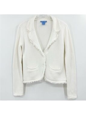 White + Warren Cotton Cable Knit Fringe Cardigan Blazer Sweater Size Large